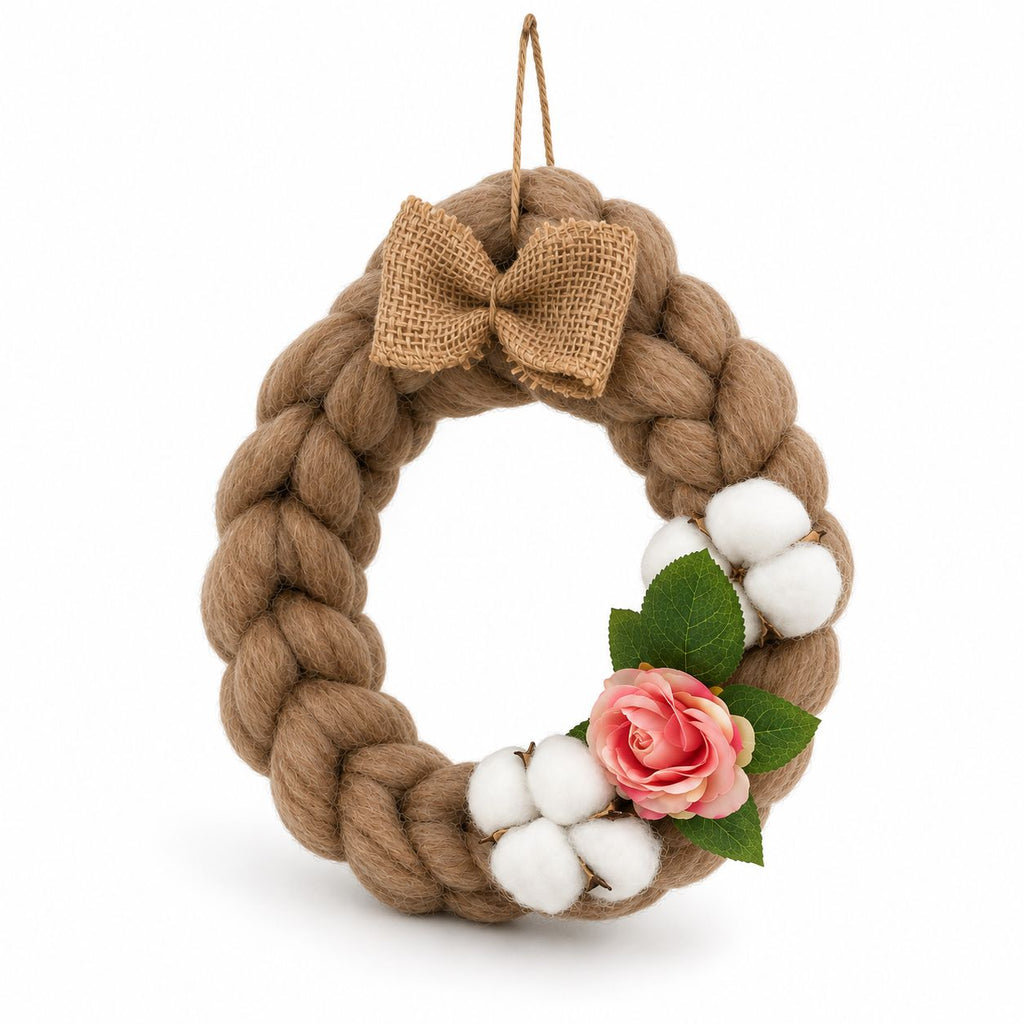 Coroniță decorativă din lână merinos – Bej cu flori de primăvară