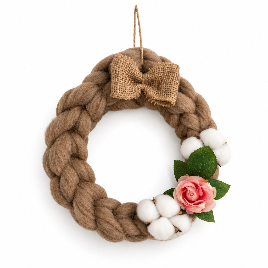 Coroniță decorativă din lână merinos – Bej cu flori de primăvară