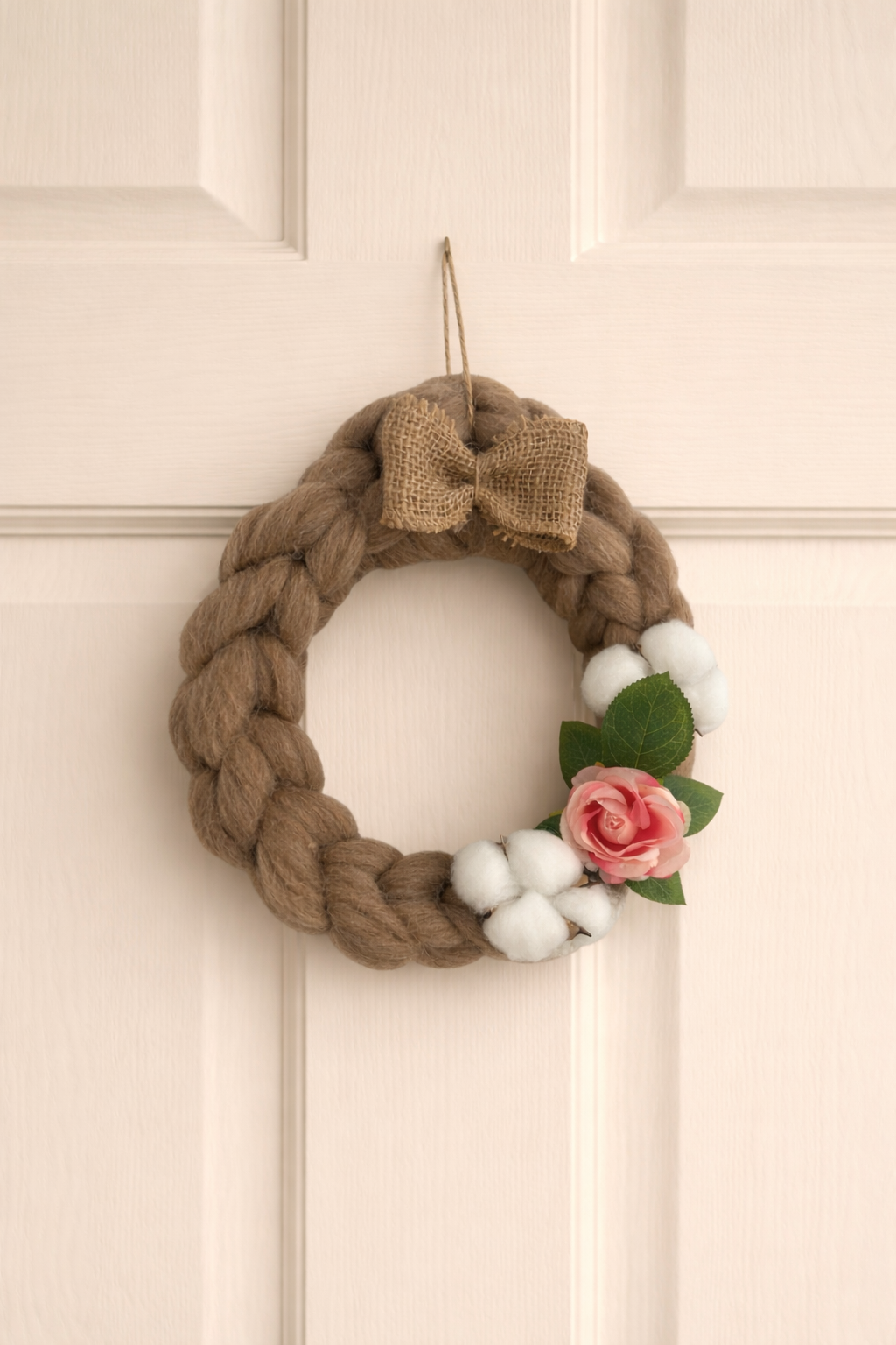 Coroniță decorativă bej din lână merinos cu flori de primăvară