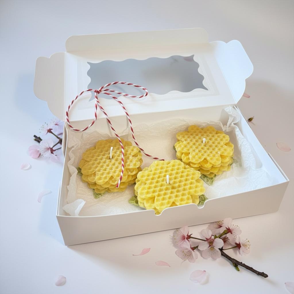 Set 3 lumânări în formă de floare din foi de ceară naturală
